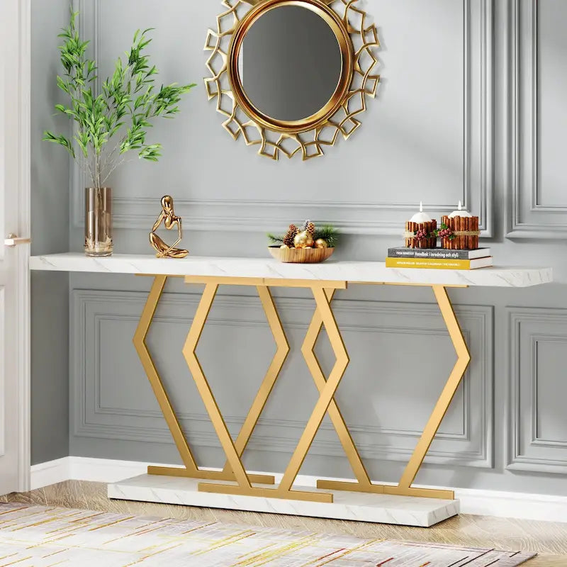 Mesa consola extralarga moderna para sofá de 70.9 pulgadas, con base de imitación de mármol, estructura dorada, para sala, entrada o pasillo