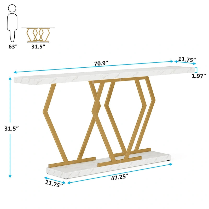 Mesa consola extralarga moderna para sofá de 70.9 pulgadas, con base de imitación de mármol, estructura dorada, para sala, entrada o pasillo