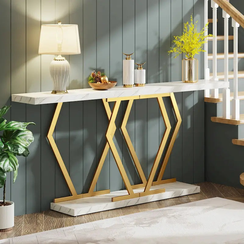 Mesa consola extralarga moderna para sofá de 70.9 pulgadas, con base de imitación de mármol, estructura dorada, para sala, entrada o pasillo