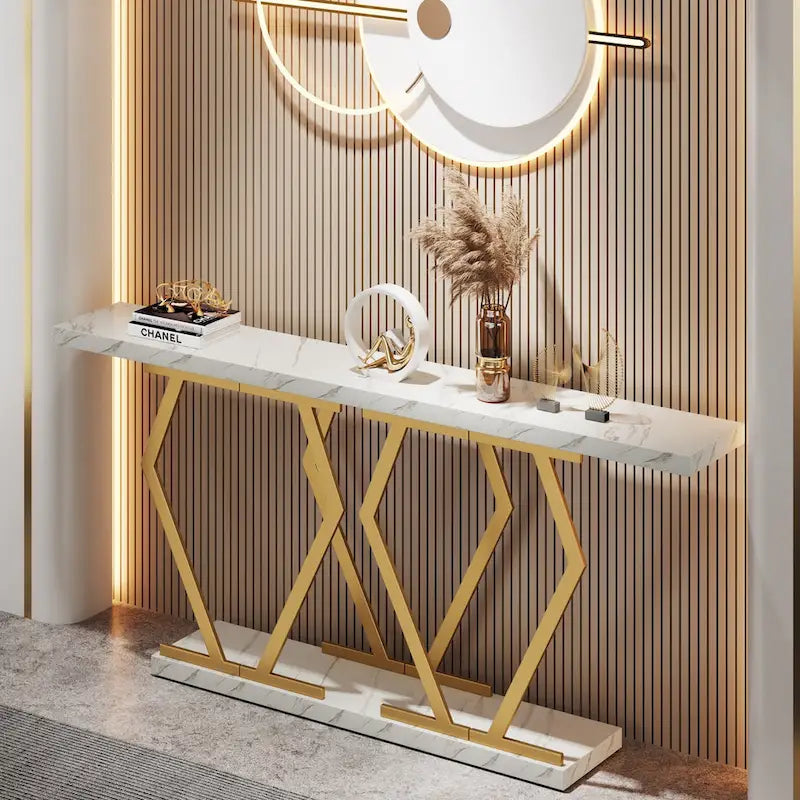 Mesa consola extralarga moderna para sofá de 70.9 pulgadas, con base de imitación de mármol, estructura dorada, para sala, entrada o pasillo