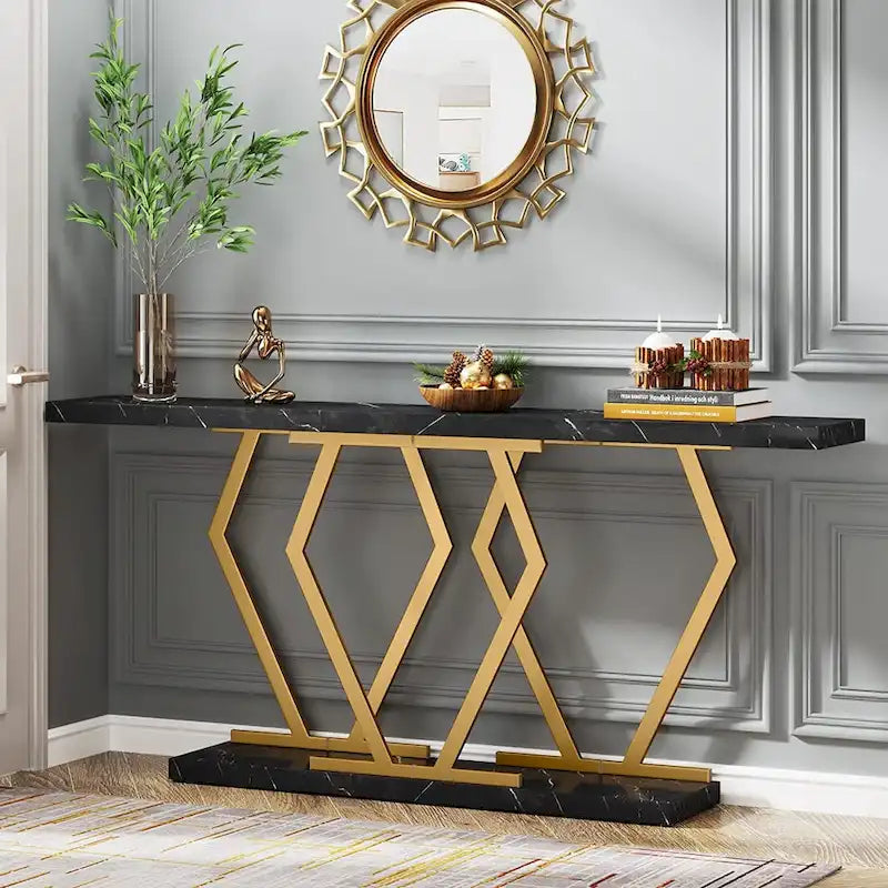 Mesa consola extralarga moderna para sofá de 70.9 pulgadas, con base de imitación de mármol, estructura dorada, para sala, entrada o pasillo