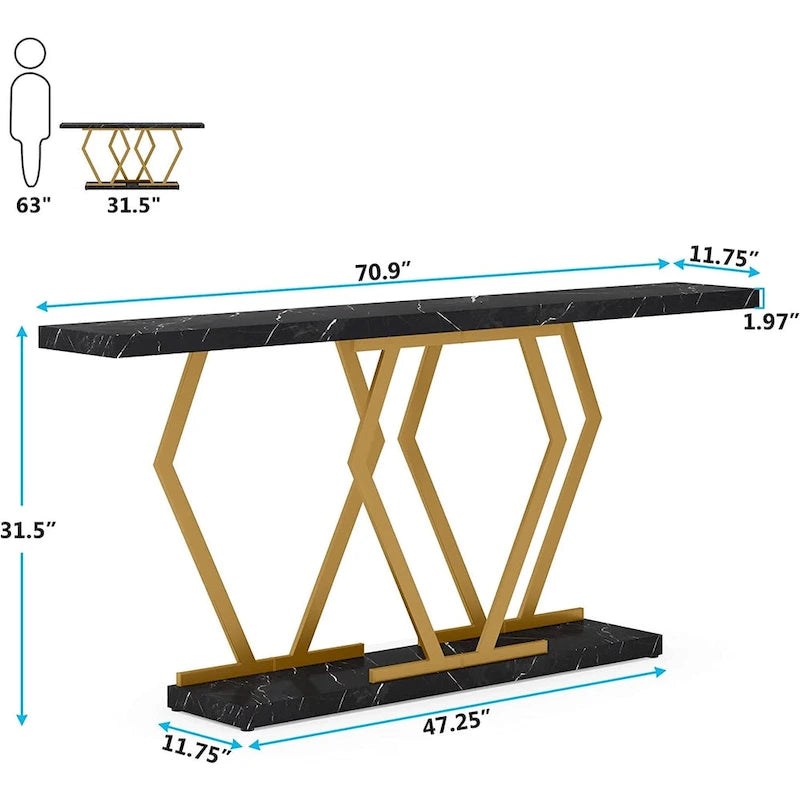 Mesa consola extralarga moderna para sofá de 70.9 pulgadas, con base de imitación de mármol, estructura dorada, para sala, entrada o pasillo