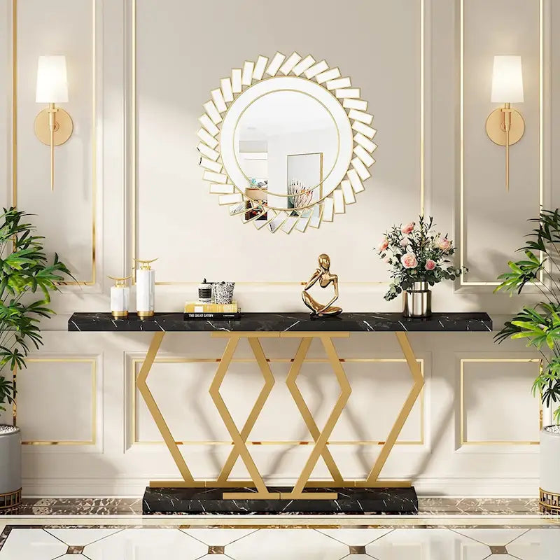 Mesa consola extralarga moderna para sofá de 70.9 pulgadas, con base de imitación de mármol, estructura dorada, para sala, entrada o pasillo