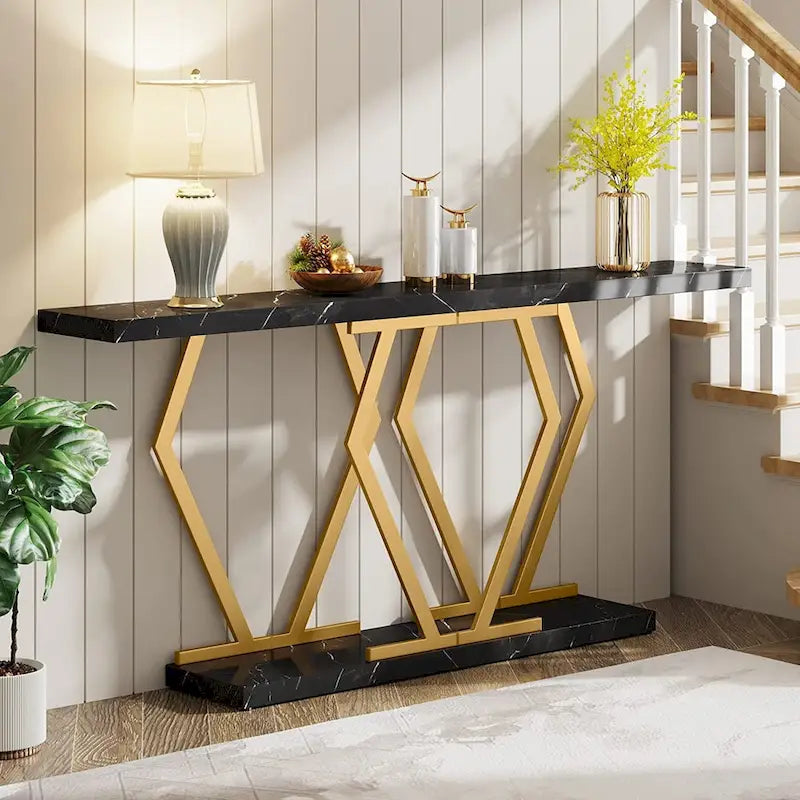 Mesa consola extralarga moderna para sofá de 70.9 pulgadas, con base de imitación de mármol, estructura dorada, para sala, entrada o pasillo