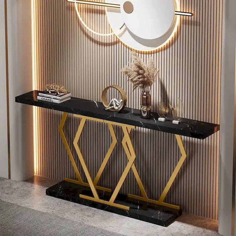 Mesa consola extralarga moderna para sofá de 70.9 pulgadas, con base de imitación de mármol, estructura dorada, para sala, entrada o pasillo