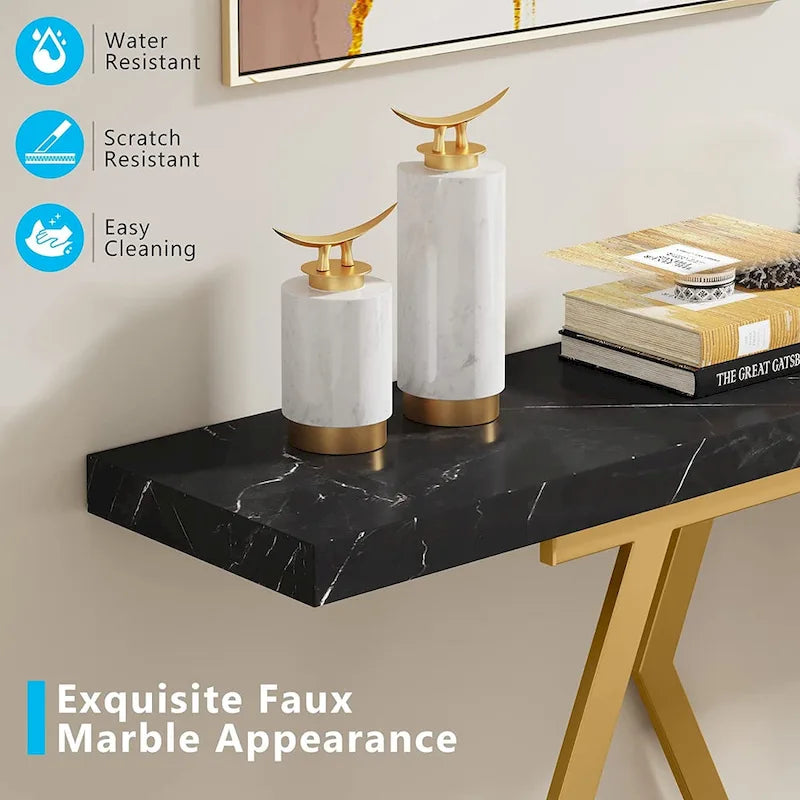 Mesa consola extralarga moderna para sofá de 70.9 pulgadas, con base de imitación de mármol, estructura dorada, para sala, entrada o pasillo