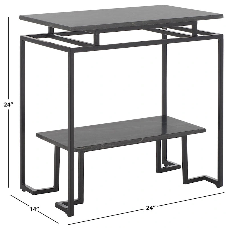 Mesa auxiliar rectangular moderna de mármol con estante de almacenamiento de metal negro
