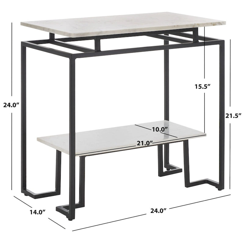 Mesa auxiliar rectangular moderna de mármol con estante de almacenamiento de metal negro