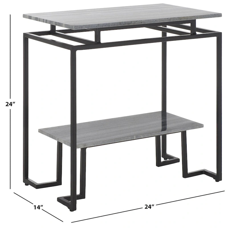 Mesa auxiliar rectangular moderna de mármol con estante de almacenamiento de metal negro