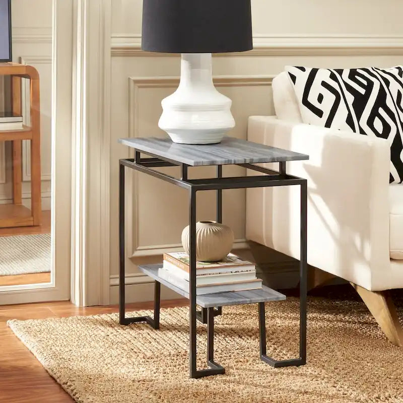 Mesa auxiliar rectangular moderna de mármol con estante de almacenamiento de metal negro