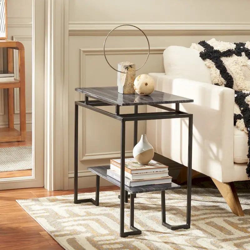 Mesa auxiliar rectangular moderna de mármol con estante de almacenamiento de metal negro