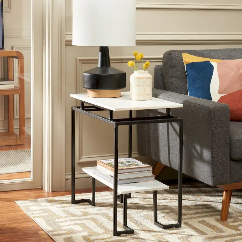 Mesa auxiliar rectangular moderna de mármol con estante de almacenamiento de metal negro