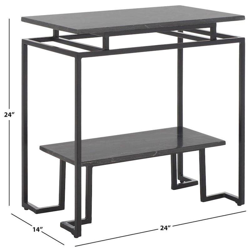 Mesa auxiliar rectangular moderna de mármol con estante de almacenamiento de metal negro