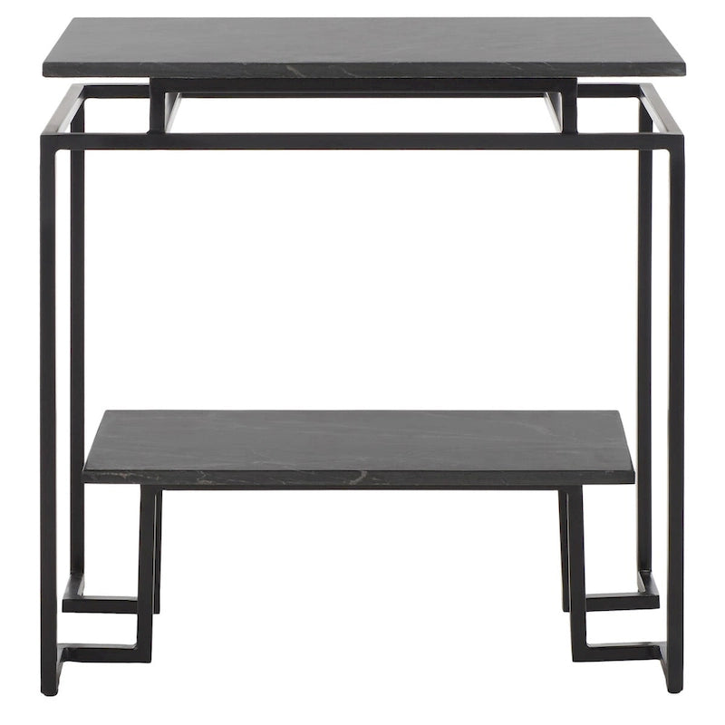 Mesa auxiliar rectangular moderna de mármol con estante de almacenamiento de metal negro