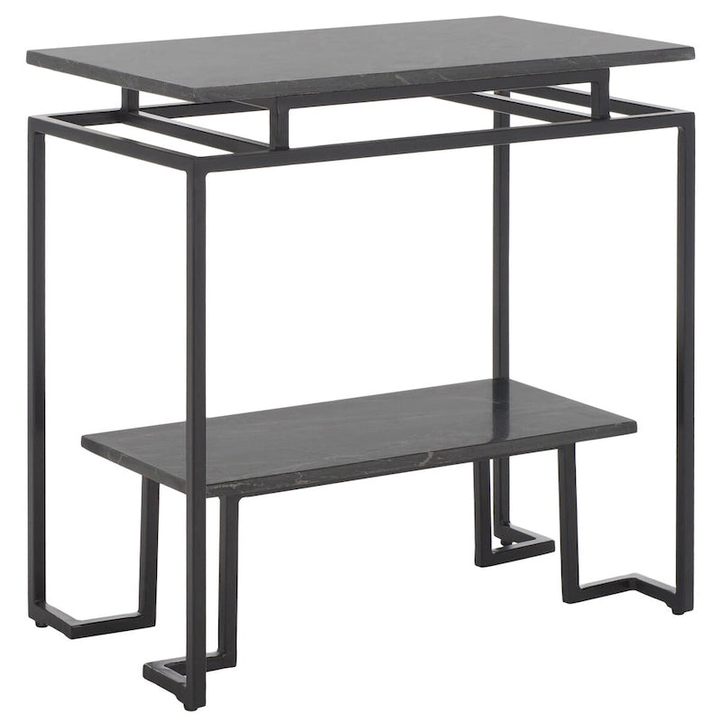 Mesa auxiliar rectangular moderna de mármol con estante de almacenamiento de metal negro