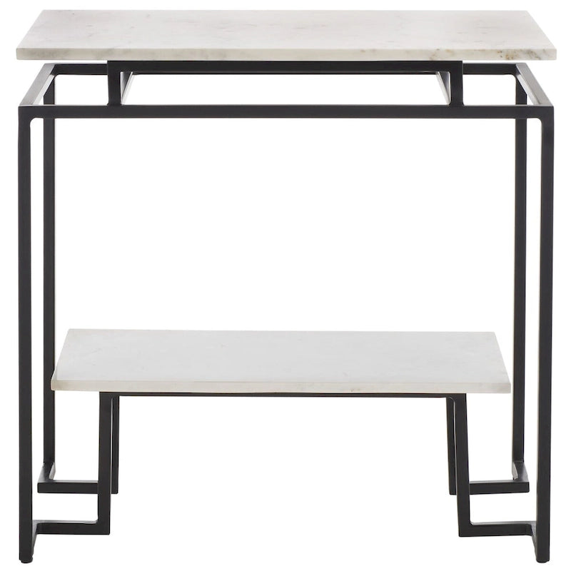 Mesa auxiliar rectangular moderna de mármol con estante de almacenamiento de metal negro
