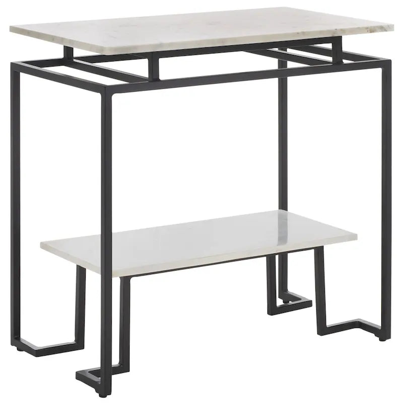 Mesa auxiliar rectangular moderna de mármol con estante de almacenamiento de metal negro