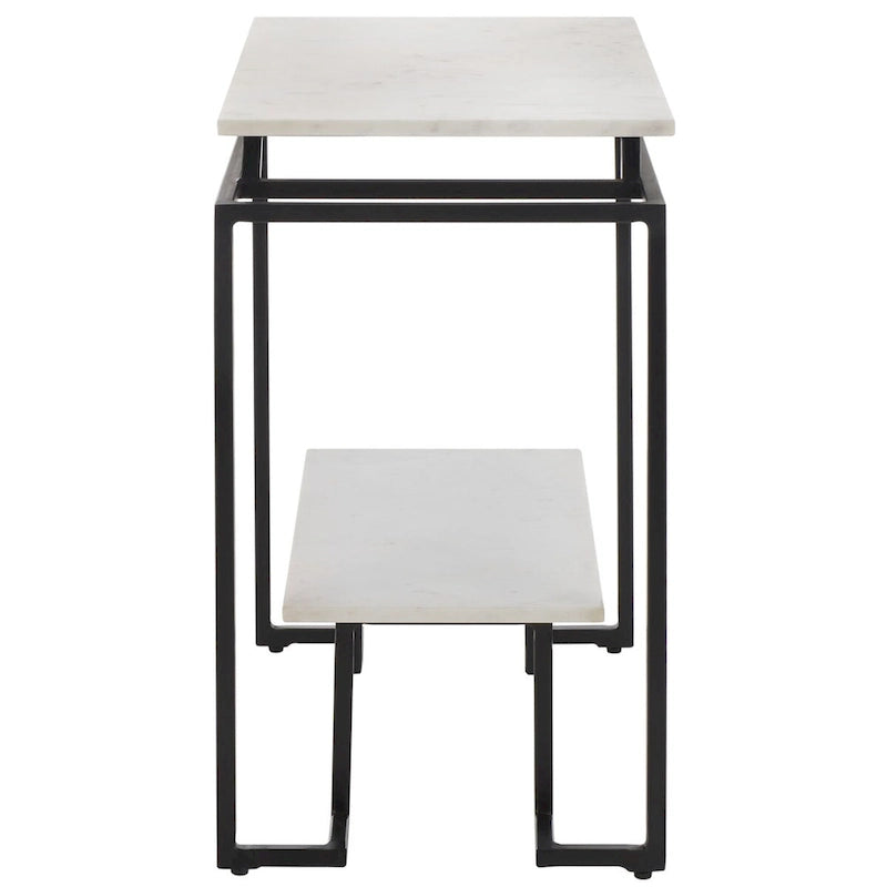 Mesa auxiliar rectangular moderna de mármol con estante de almacenamiento de metal negro