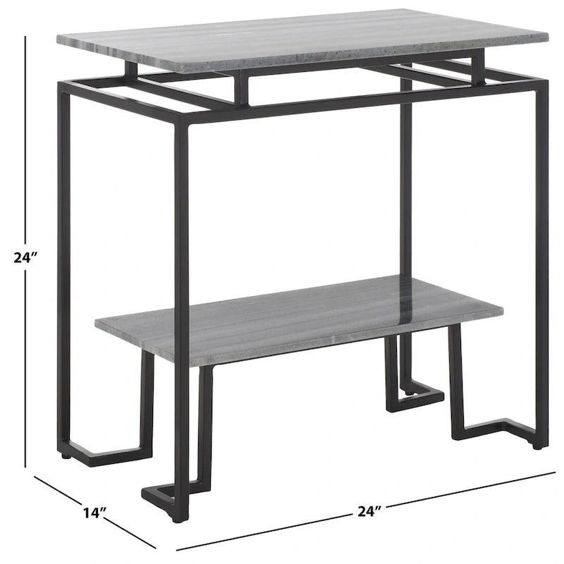 Mesa auxiliar rectangular moderna de mármol con estante de almacenamiento de metal negro