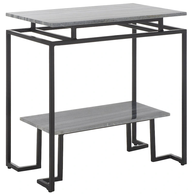 Mesa auxiliar rectangular moderna de mármol con estante de almacenamiento de metal negro