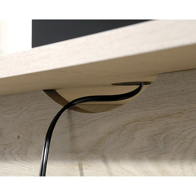 Escritorio ejecutivo color blanco hueso con acabado de veta de madera, cuatro cajones y estantes abiertos