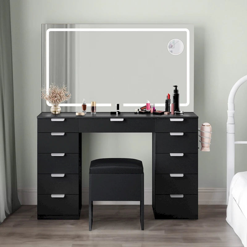 Modern Makeup Vanity Desk with LED Mirror and Eleven Drawers