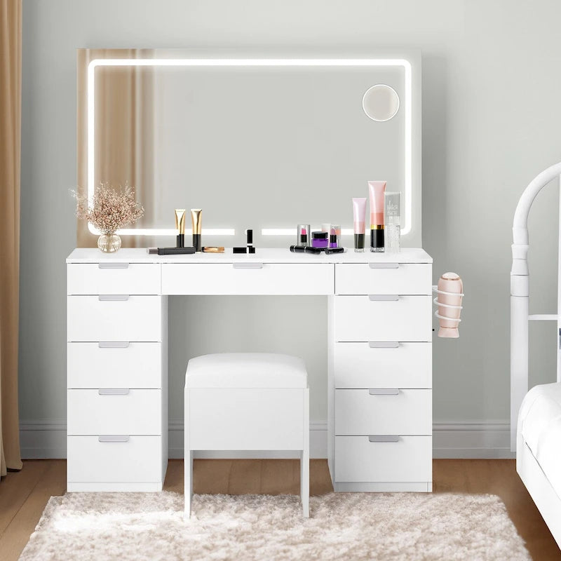 Escritorio tocador de maquillaje moderno con espejo LED y once cajones