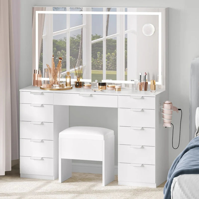Escritorio tocador de maquillaje moderno con espejo LED y once cajones