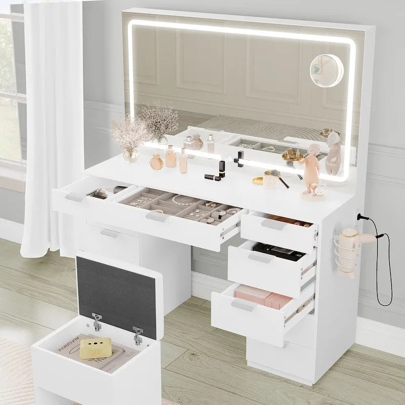 Escritorio tocador de maquillaje moderno con espejo LED y once cajones