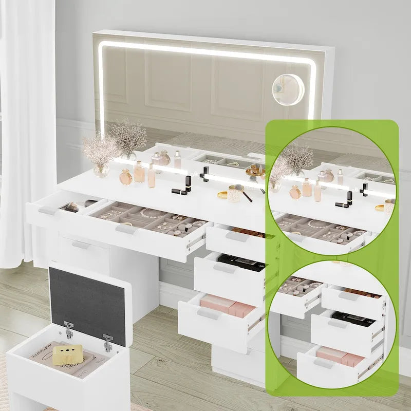 Modern Makeup Vanity Desk with LED Mirror and Eleven Drawers