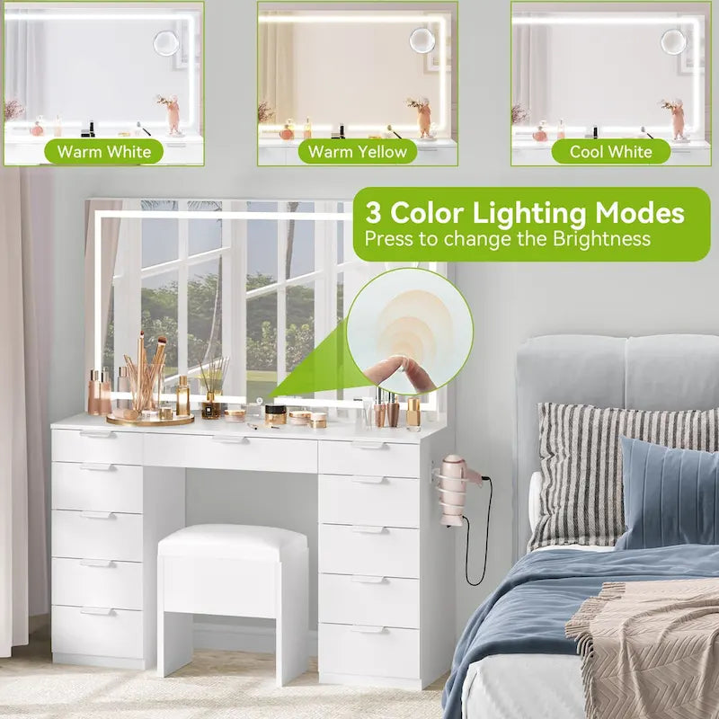 Modern Makeup Vanity Desk with LED Mirror and Eleven Drawers