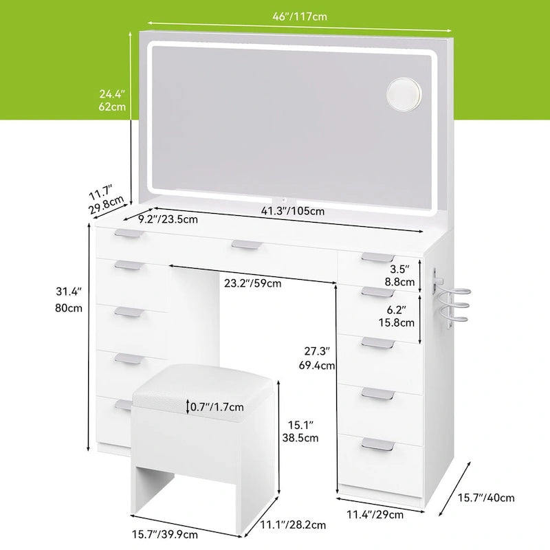 Modern Makeup Vanity Desk with LED Mirror and Eleven Drawers