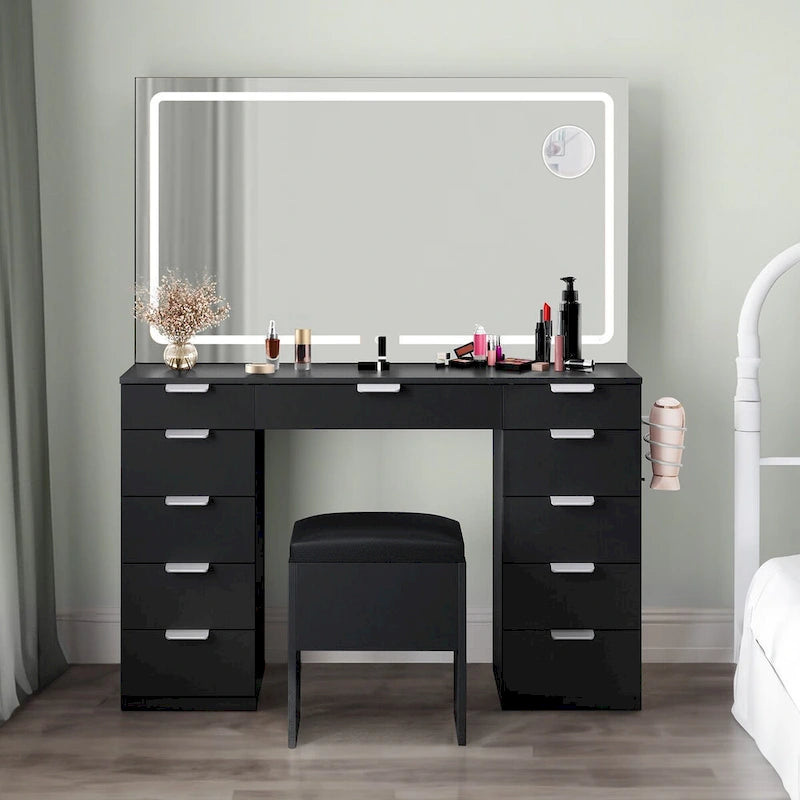 Escritorio tocador de maquillaje moderno con espejo LED y once cajones