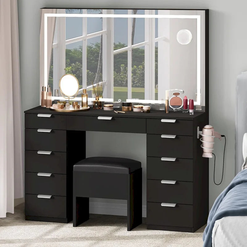 Modern Makeup Vanity Desk with LED Mirror and Eleven Drawers