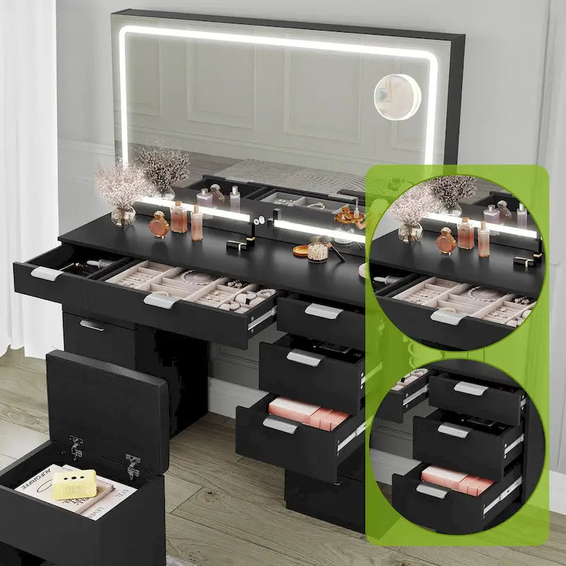Modern Makeup Vanity Desk with LED Mirror and Eleven Drawers