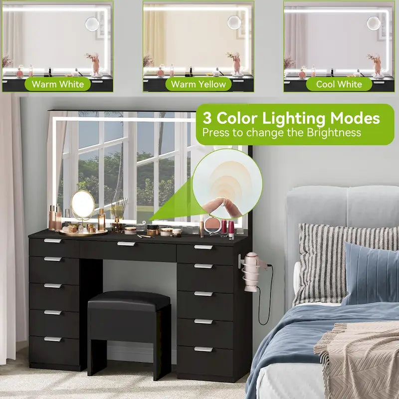 Modern Makeup Vanity Desk with LED Mirror and Eleven Drawers
