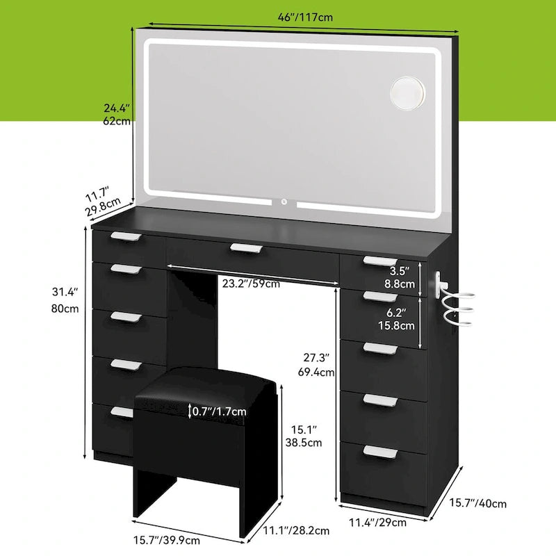 Modern Makeup Vanity Desk with LED Mirror and Eleven Drawers