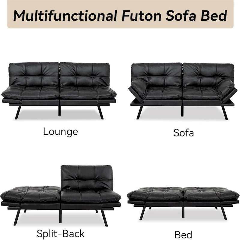 Sofa z funkcją spania, rozkładana sofa futon i leżanka z regulowanymi podłokietnikami do kawalerki, mieszkania, biura i małych przestrzeni