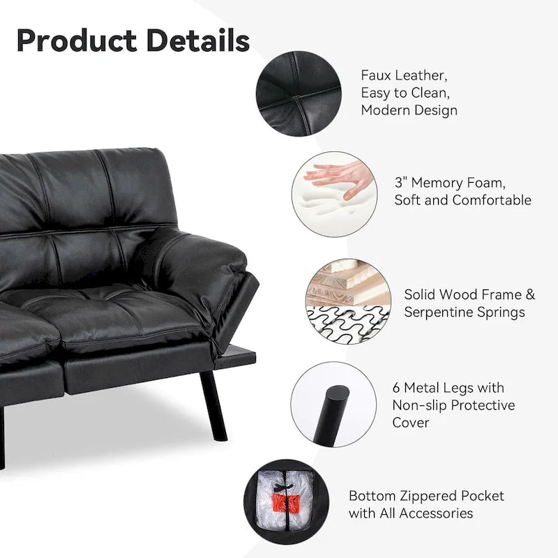 Sofa z funkcją spania, rozkładana sofa futon i leżanka z regulowanymi podłokietnikami do kawalerki, mieszkania, biura i małych przestrzeni