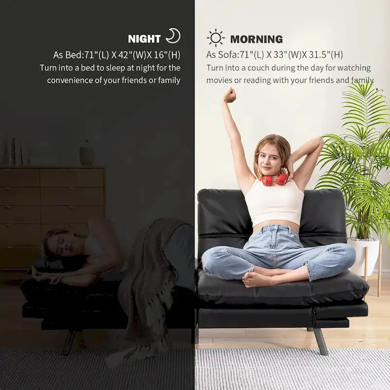 Sofa z funkcją spania, rozkładana sofa futon i leżanka z regulowanymi podłokietnikami do kawalerki, mieszkania, biura i małych przestrzeni