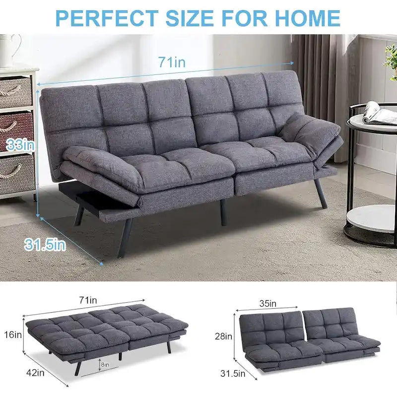 Sofa z funkcją spania, rozkładana sofa futon i leżanka z regulowanymi podłokietnikami do kawalerki, mieszkania, biura i małych przestrzeni