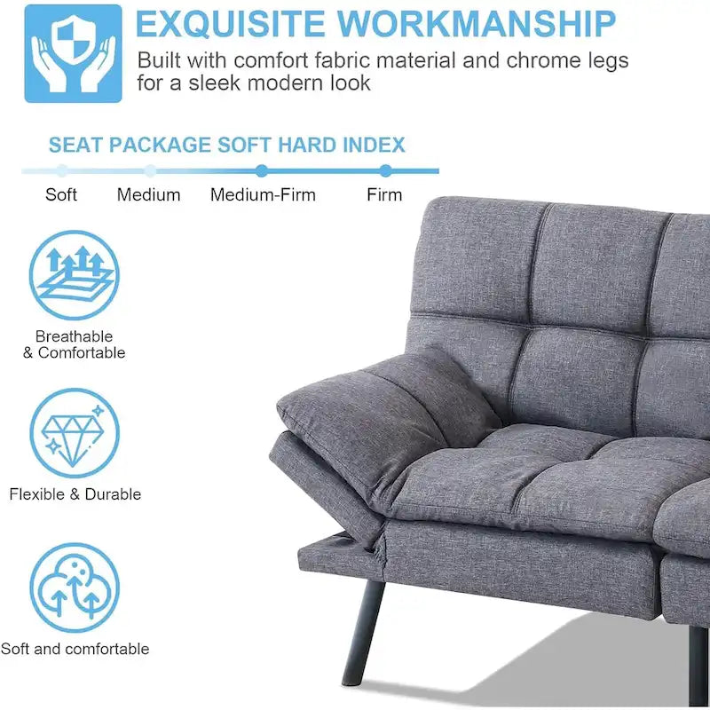 Sofa z funkcją spania, rozkładana sofa futon i leżanka z regulowanymi podłokietnikami do kawalerki, mieszkania, biura i małych przestrzeni