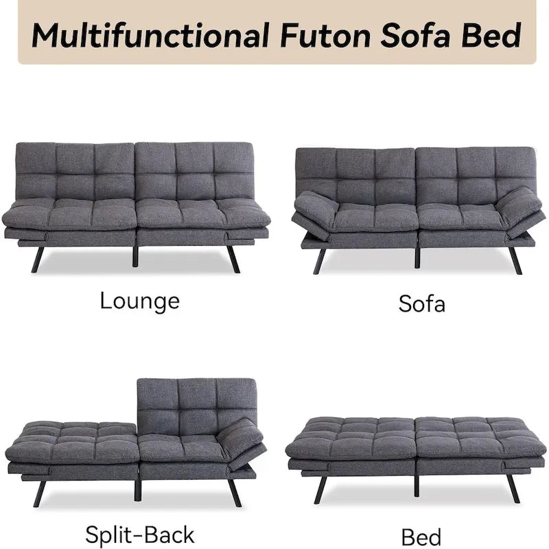 Sofa z funkcją spania, rozkładana sofa futon i leżanka z regulowanymi podłokietnikami do kawalerki, mieszkania, biura i małych przestrzeni
