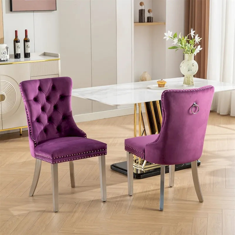 Sedia da pranzo contemporanea imbottita in velluto con struttura in legno massello e trapuntatura, 2 pezzi