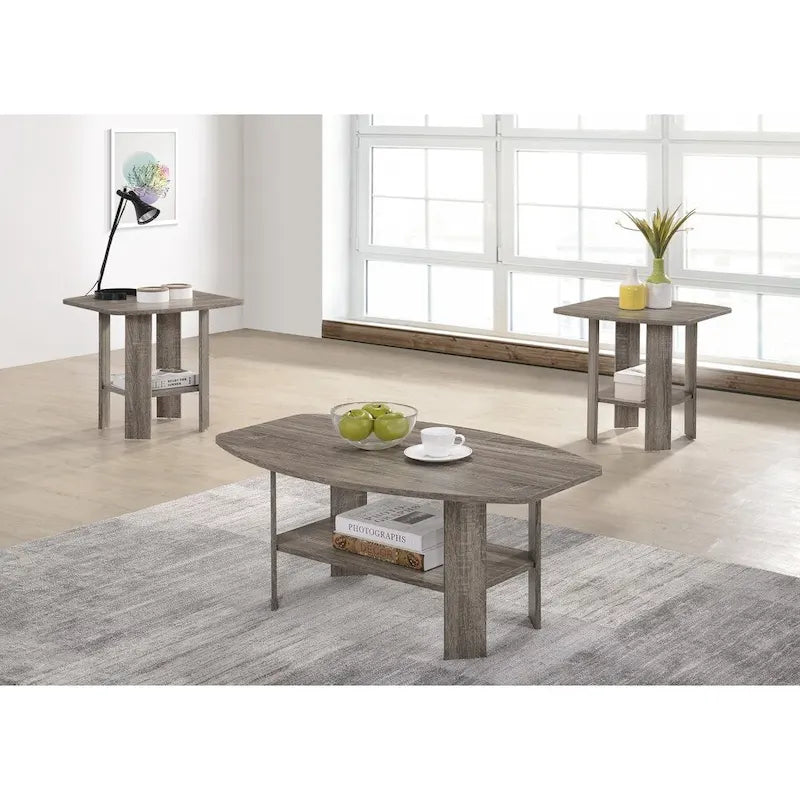 Mesa auxiliar rústica gris con veta de madera, estante abierto y patas inclinadas