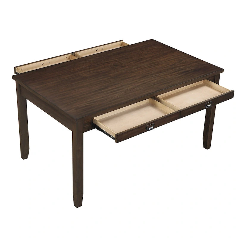 Mesa de comedor rectangular de madera color cerezo marrón de estilo transicional con cajones de almacenamiento