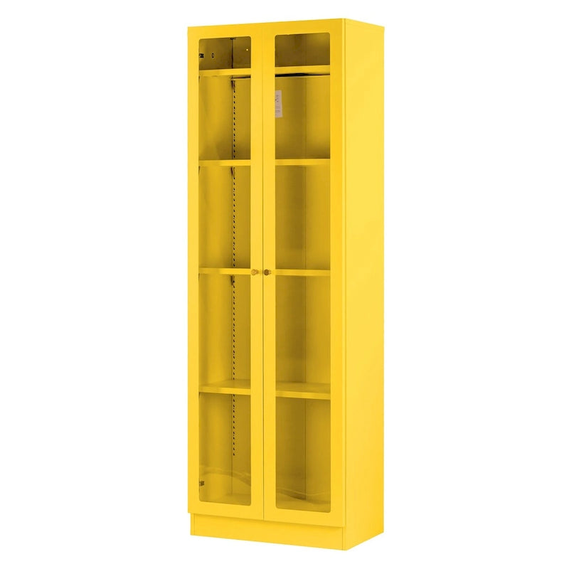 Gabinete de almacenamiento de acero amarillo brillante con paneles de doble puerta transparentes