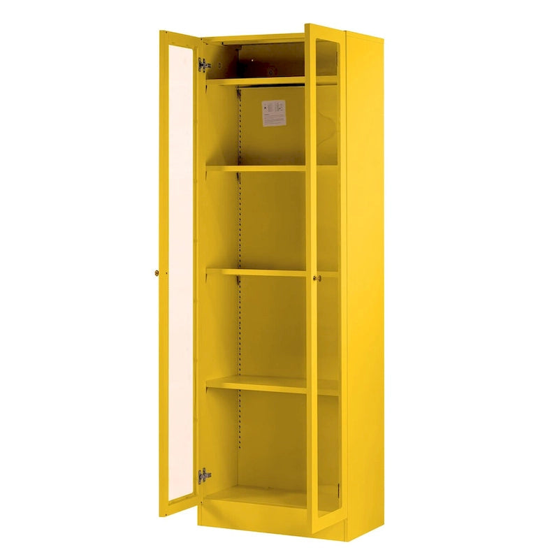 Gabinete de almacenamiento de acero amarillo brillante con paneles de doble puerta transparentes