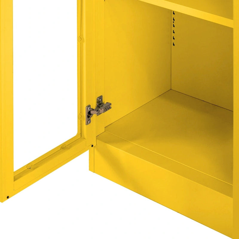 Gabinete de almacenamiento de acero amarillo brillante con paneles de doble puerta transparentes
