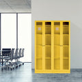 Gabinete de almacenamiento de acero amarillo brillante con paneles de doble puerta transparentes